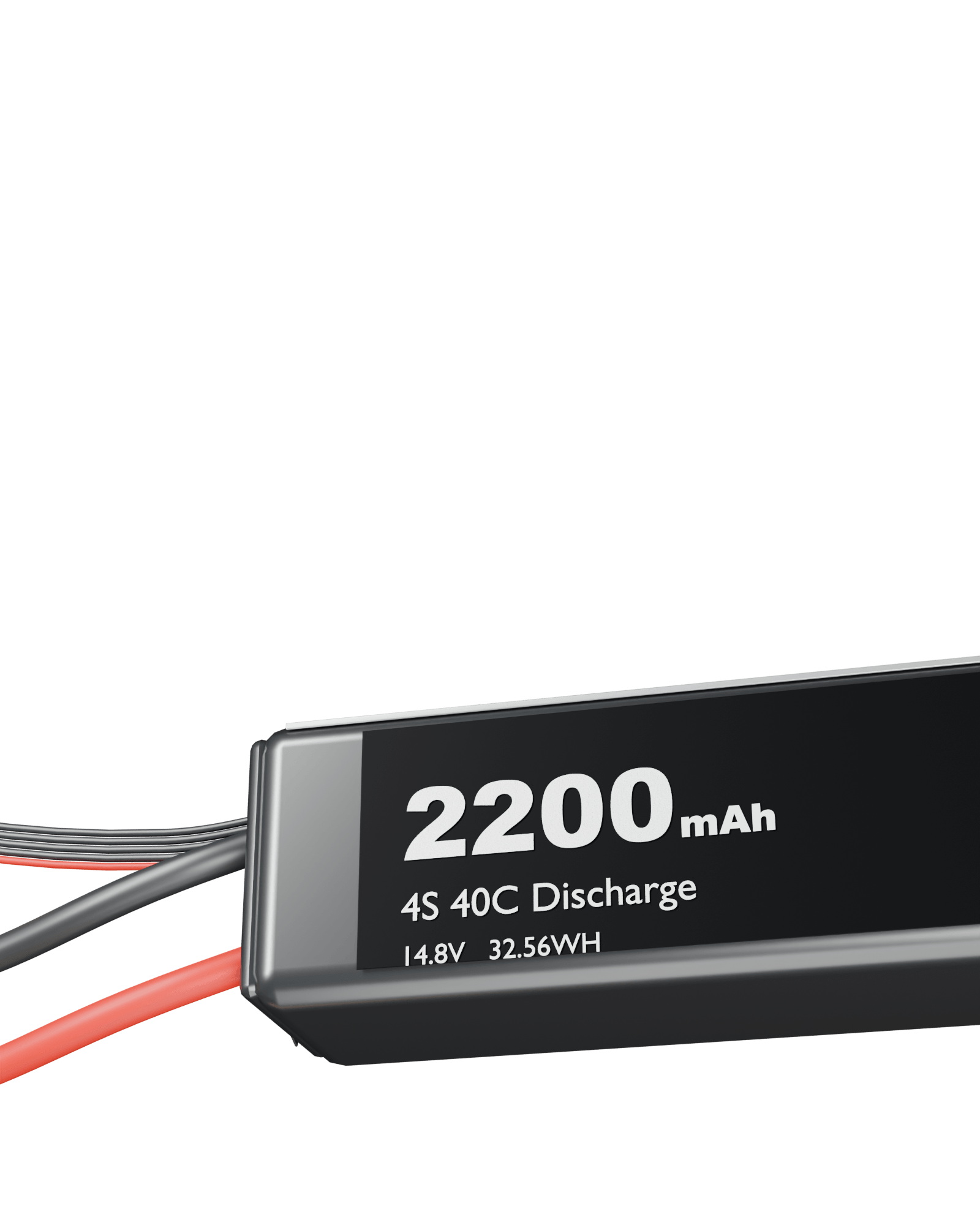 Unbranded 2200 mAh 4S LiPo battery extending off the right edge, with a black-and-silver capacity label and leads exiting left