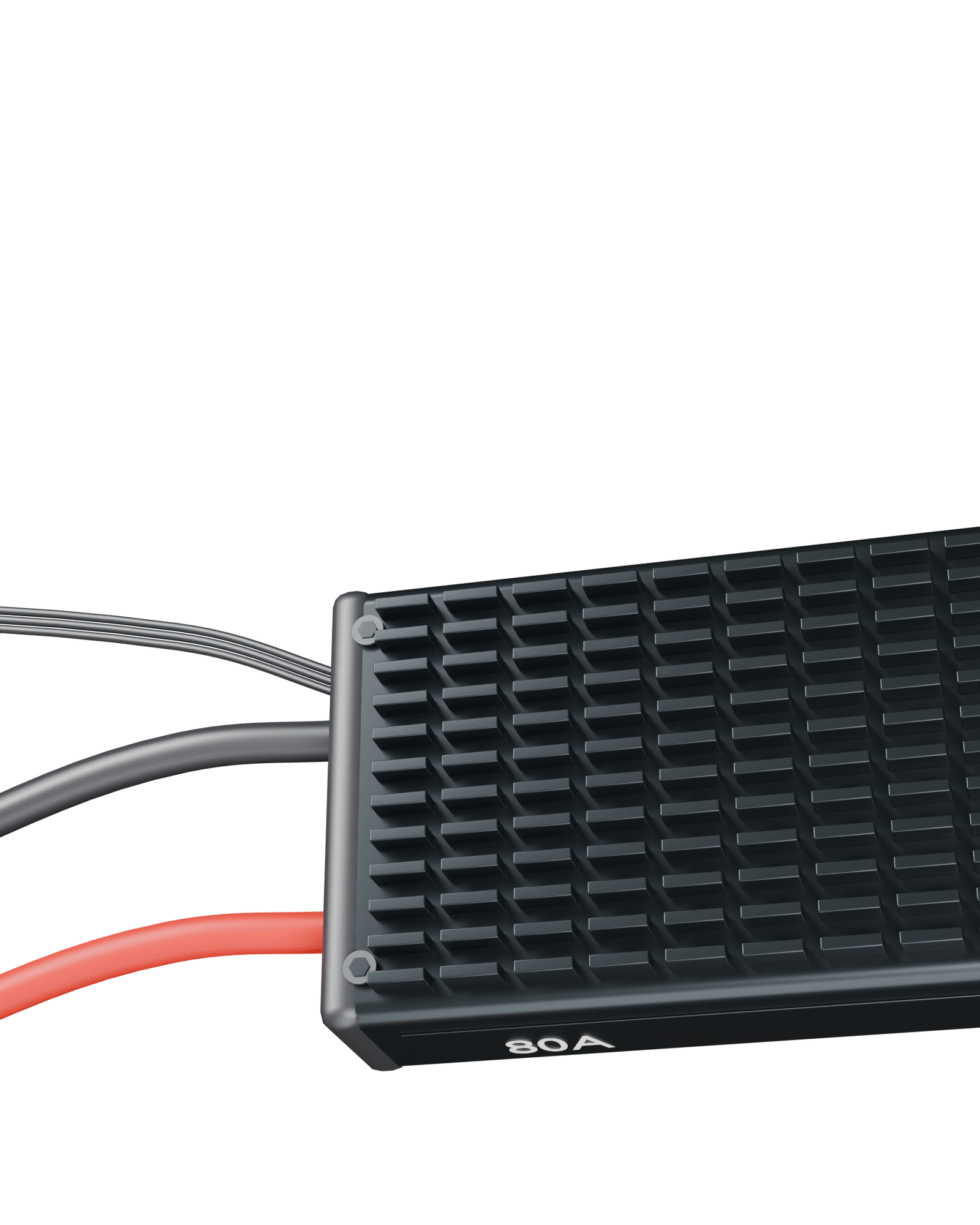 Unbranded electronic speed controller extending off the right edge, with interrupted cooling fins and leads exiting left